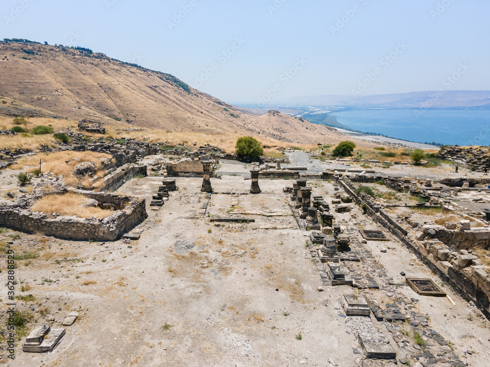 Aerial view  to the ruins of the Greek - Roman city Hippus - Susita located on the hill on the Golan Heights in northern Israel on the Sea of Galilee