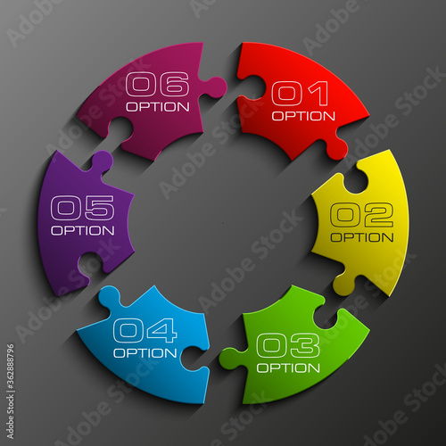 Six sided 3d puzzle presentation infographic template with explanatory text field for business statistics