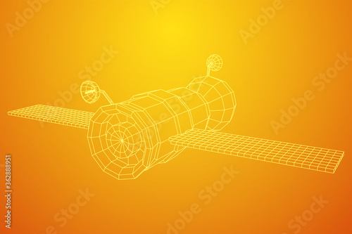 Space station communications satellite. Wireframe low poly mesh vector illustration.