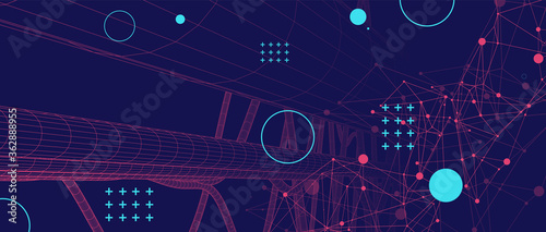 Vector abstract background with a wireframe dynamic pipes, line and particles. Plexus effect.