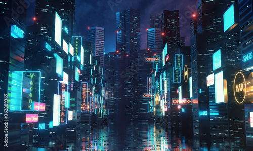 3D Rendering of billboards and advertisement signs at modern buildings in capital city with light reflection from puddles on street. Concept for night life, never sleep business district center (CBD)