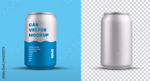 Mockup of a small tin can with an energy drink with a blue pattern, for design presentation, vector silver shiny shiny water bottle. photo