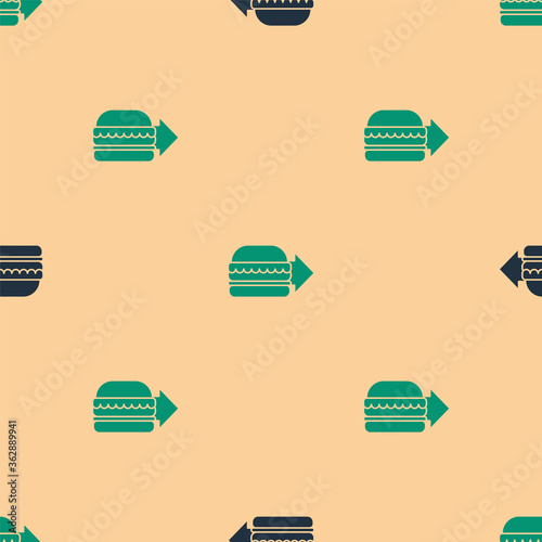 Green and black Online ordering and burger delivery icon isolated seamless pattern on beige background. Vector Illustration.