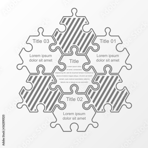 Six piece puzzle business presentation. Circle infograph. 6 step process diagram. Six section compare banner.