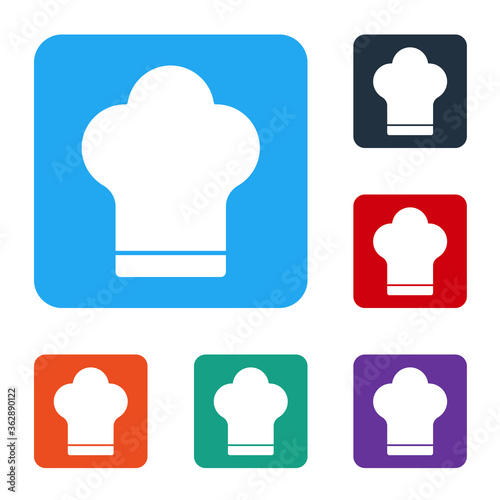 White Chef hat icon isolated on white background. Cooking symbol. Cooks hat. Set icons in color square buttons. Vector Illustration.