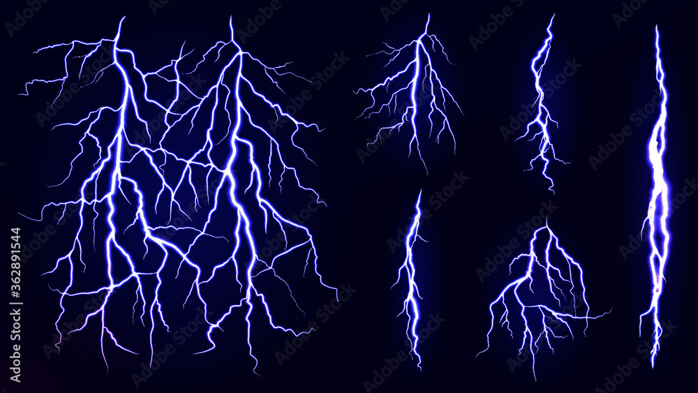 Thunder storm. Realistic lightning bolts.  Abstract magic background.