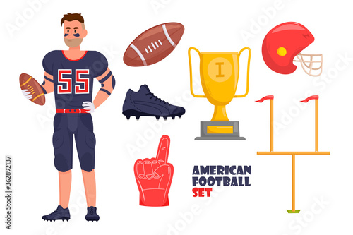 American Football equipment set with american football player in sport uniform holding a ball. Vector cartoon illustration.