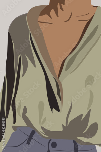 Young tanned woman dressed in olive shirt and jeans. Torso close-up