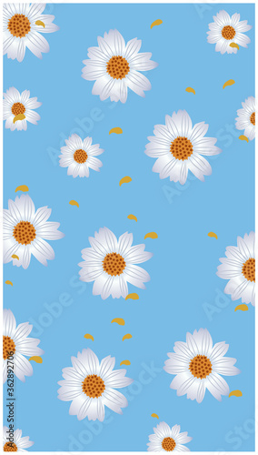Chamomile flower and yellow petals pattern on baby blue background