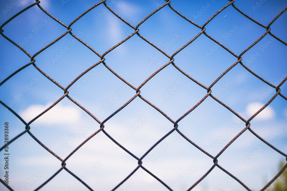 Fototapeta premium Blue sky through rusty wire mesh fence. Blur background, texture. Close up view, wallpaper.