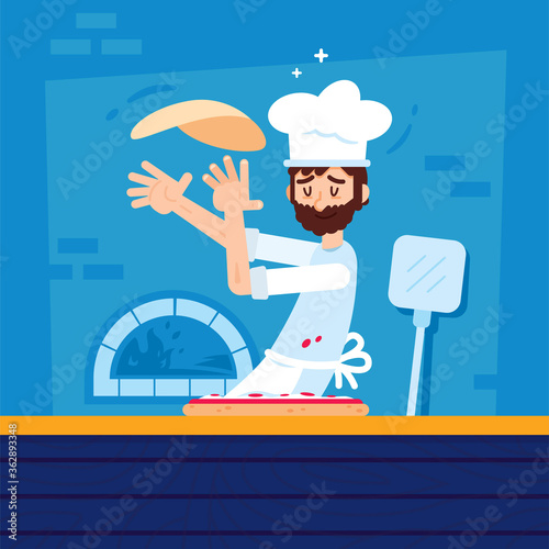 Man Cooking Pizza, Italian Pizzeria Cartoon Illustration