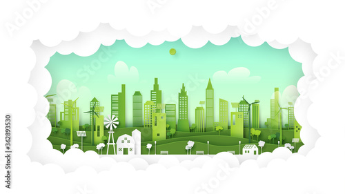 Green eco friendly city on natural background.Ecology and environment concept paper art style.