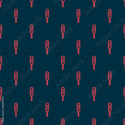 Red line Corn dog icon isolated seamless pattern on black background. Traditional american fast food. Vector Illustration.