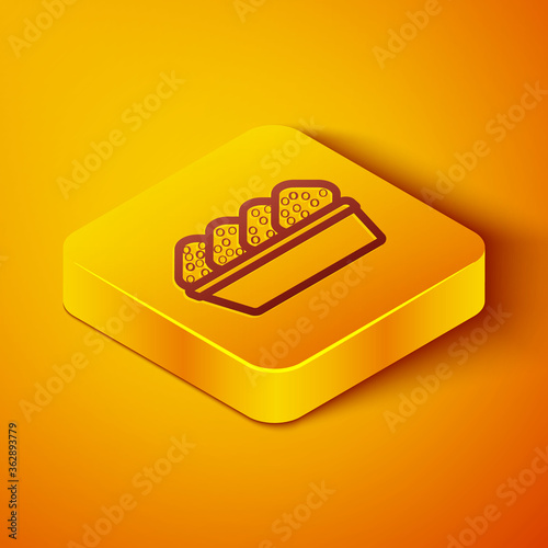 Isometric line Chicken nuggets in box icon isolated on orange background. Yellow square button. Vector Illustration.