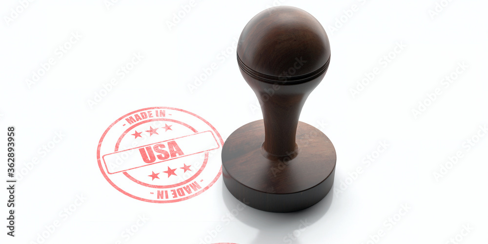MADE IN USA, AUTHENTICITY stamp. Wooden rubber stamper, stamp with text made in usa isolated on white background. 3d illustration MADE IN USA, AUTHENTICITY stamp. Wooden rubber stamper, stamp with text made in usa isolated on white background. 3d illustration