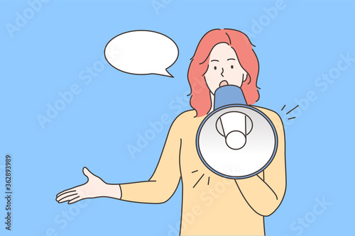 Protest, activism, announcement, speech, promotion concept. Young woman or girl protester activist cartoon character standing yelling with loudspeaker mouthpiece. Promo marketing or ads illustration.
