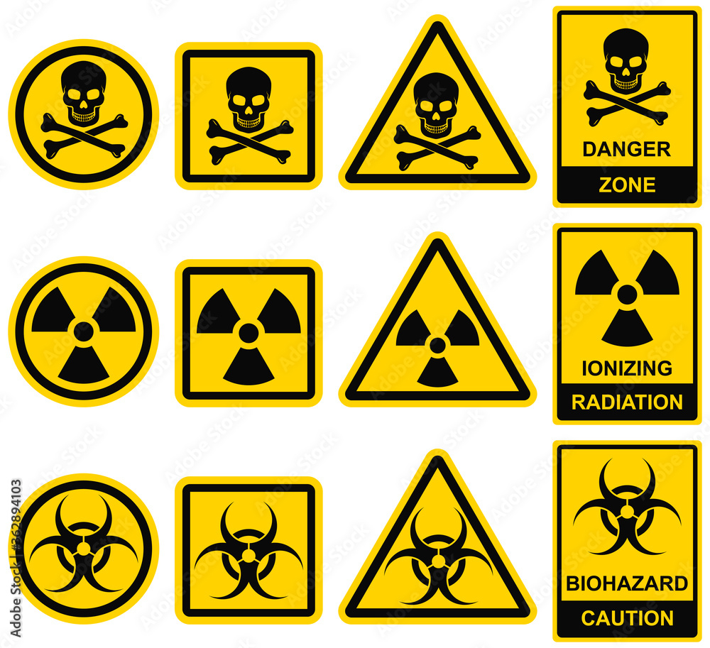 Danger icons set. Crossbones (death skull), nuclear ionization, biohazard. Danger icons set. Crossbones (death skull), nuclear ionization, biohazard.