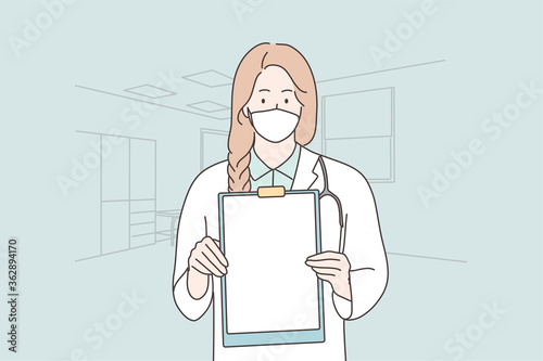 Healthcare, medicine, coronavirus, infection, diagnosis concept. Young woman girl doctor nurse character with medical face mask holding board. 2019ncov protection and covid19 desease illustration.