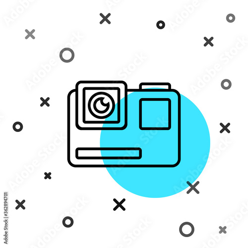 Black line Action extreme camera icon isolated on white background. Video camera equipment for filming extreme sports. Random dynamic shapes. Vector Illustration.