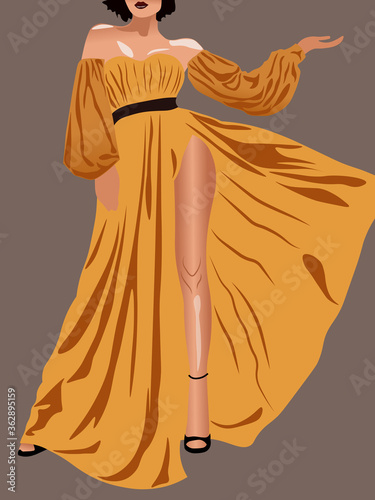 Young brunette with short hair, yellow dress and high heels. Showing legs