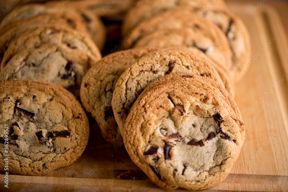 Chocolate chip cookies. Homemade, traditional classic american dessert favorite. Chocolate chip cookies. Bakery or pastry shop favorite. Made with sugar, butter and chocolate. 