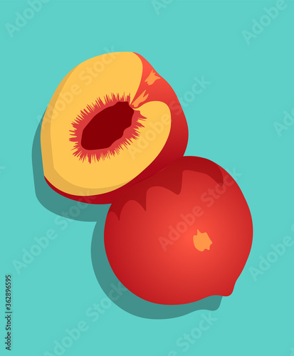 Composition of half sliced peach fruit on turquoise background