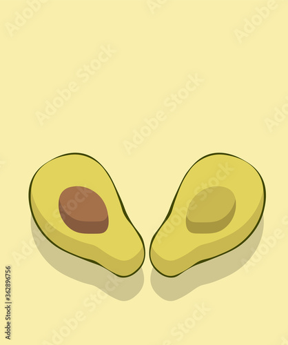 Composition of two halves of avocado, one with the seed inside. Light green b...