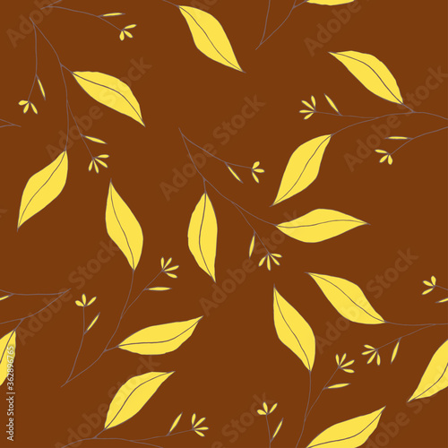 Rustic vintage neon yellow leaves and hand sketched flowers seamless pattern on brown background. Botanical vector illustration of painted small floral template 