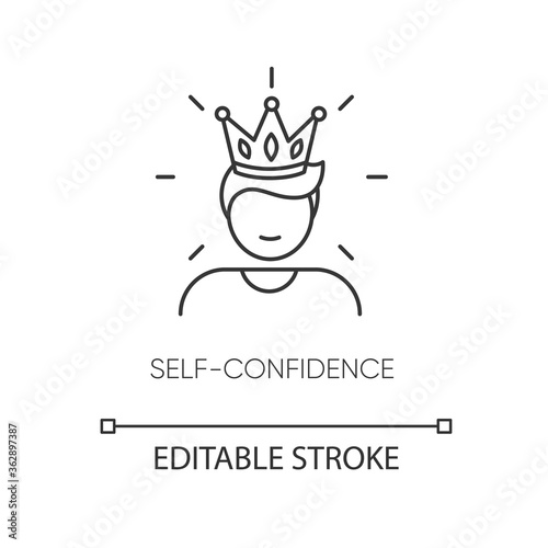 Self confidence pixel perfect linear icon. Thin line customizable illustration. Contour symbol. Self assured, egotistical person in crown vector isolated outline drawing. Editable stroke