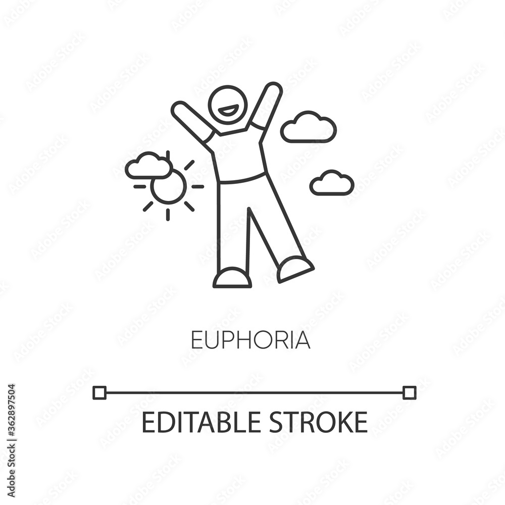 Euphoria pixel perfect linear icon. Happiness, positive emotion thin line customizable illustration. Contour symbol. Happy person in euphoric ecstasy vector isolated outline drawing. Editable stroke Euphoria pixel perfect linear icon. Happiness, positive emotion thin line customizable illustration. Contour symbol. Happy person in euphoric ecstasy vector isolated outline drawing. Editable stroke