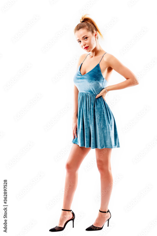 Young beautiful woman with fashion dress on white background