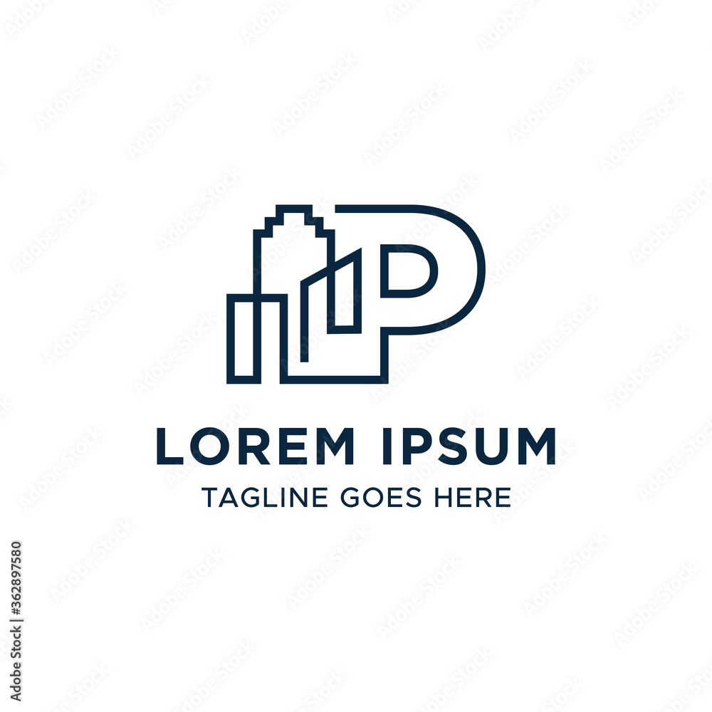 Initial letter P line building logo vector design template