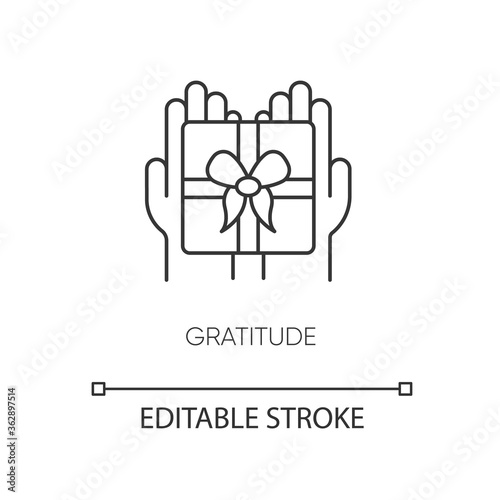 Gratitude pixel perfect linear icon. Thankfulness, sign of appreciation. Thin line customizable illustration. Contour symbol. Present, gift vector isolated outline drawing. Editable stroke