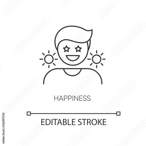 Happiness pixel perfect linear icon. Emotional reaction, feeling of joy thin line customizable illustration. Contour symbol. Happy, cheerful person vector isolated outline drawing. Editable stroke