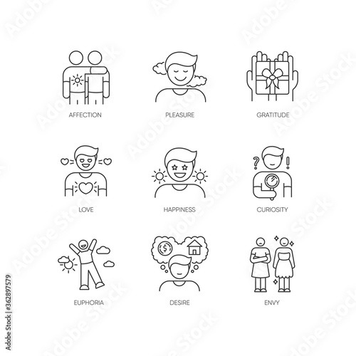 Feelings and emotions pixel perfect linear icons set. Various emotional reactions  human psychology customizable thin line contour symbols. Isolated vector outline illustrations. Editable stroke