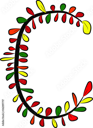 Obraz na płótnie Colorful autumn Latin alphabet. The letter C is drawn by hand with a brush. Black branches and red, green, orange, yellow leaves. Foliage of a Bush. Vector image. Calligraphy and lettering.Eco, nature w salonie