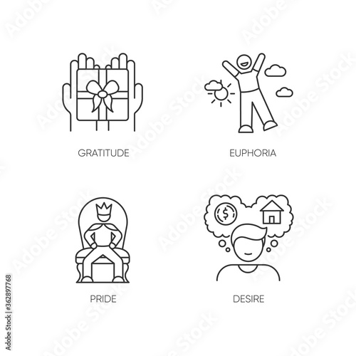 Emotions and personality traits pixel perfect linear icons set. Customizable thin line contour symbols. Gratitude, euphoria, pride and desire. Isolated vector outline illustrations. Editable stroke