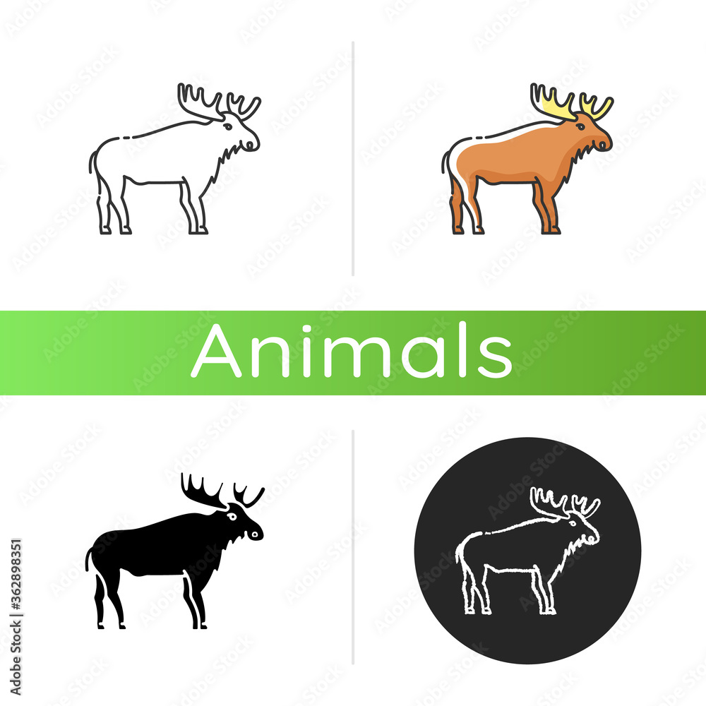 Elk icon. Linear black and RGB color styles. Hoofed ruminant animal with large antlers. American forest wildlife. Herbivore wapiti with big horns. Canadian moose isolated isolated vector illustrations Elk icon. Linear black and RGB color styles. Hoofed ruminant animal with large antlers. American forest wildlife. Herbivore wapiti with big horns. Canadian moose isolated isolated vector illustrations