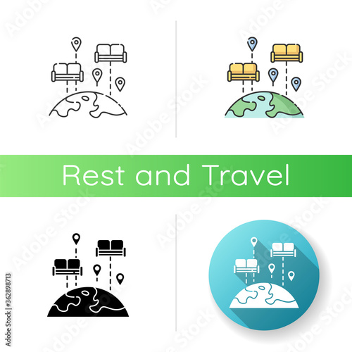 Couchsurfing icon. Linear black and RGB color styles. Budget tourism. Finding affordable accommodation in travel. Hospitality exchange. World map with couches isolated vector illustrations