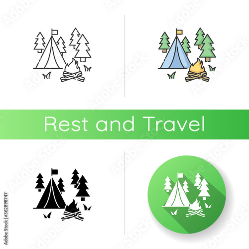 Camping icon. Linear black and RGB color styles. Nature tourism, outdoor recreation. Inexpensive vacation, overnight stay in forest. Campfire and tent in woods isolated vector illustrations