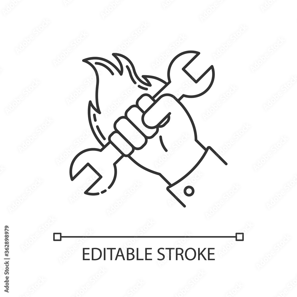 Fototapeta premium Human labor pixel perfect linear icon. Manufacturing thin line customizable illustration. Contour symbol. Maintenance service. Hand holding spanner vector isolated outline drawing. Editable stroke
