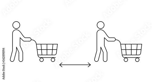 Keep a safe distance in a supermarket sign. Two people push the shopping cart line icon. Customers at grocery store. Prevent Covid-19. Black outline on white background. Vector illustration, clip art