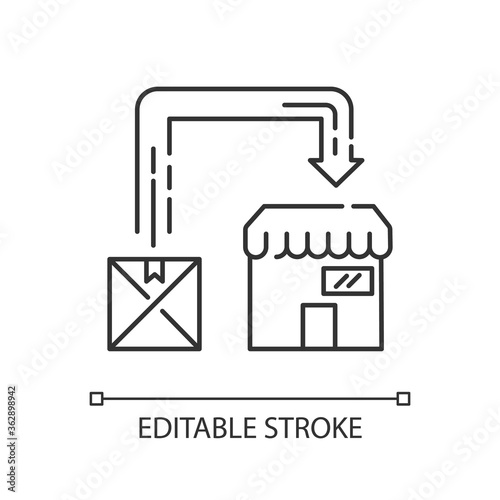 Post manufacturing pixel perfect linear icon. Post production, commercial distribution thin line customizable illustration. Contour symbol. Vector isolated outline drawing. Editable stroke