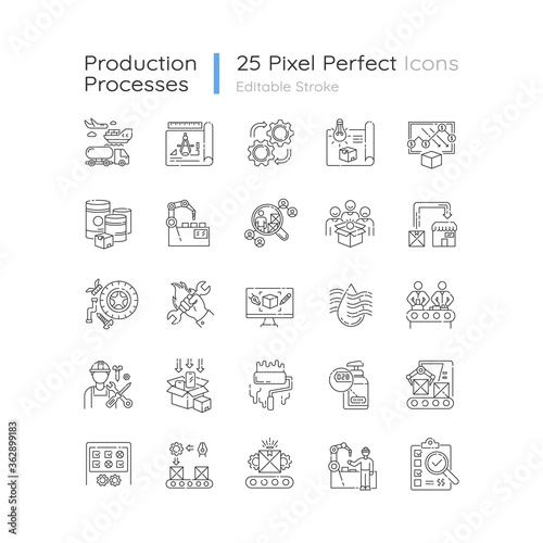 Production process pixel perfect linear icons set. Manufacturing industry customizable thin line contour symbols. Commercial product development. Isolated vector outline illustrations. Editable stroke