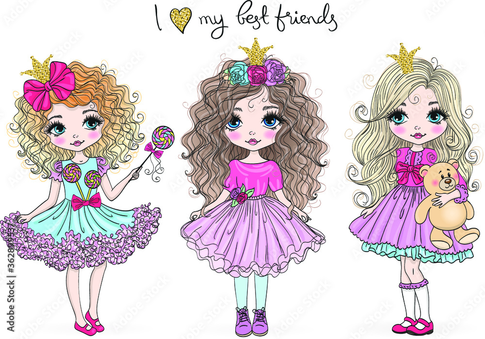 Three hand drawn beautiful cute little princess girls. Vector ...