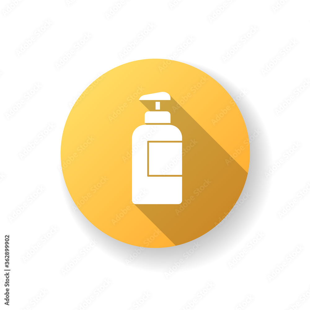 Lotion in bottle yellow flat design long shadow glyph icon. Pump package for liquid soap. Container with dispenser. Foam cosmetic product. Gel in plastic jar. Silhouette RGB color illustration Lotion in bottle yellow flat design long shadow glyph icon. Pump package for liquid soap. Container with dispenser. Foam cosmetic product. Gel in plastic jar. Silhouette RGB color illustration