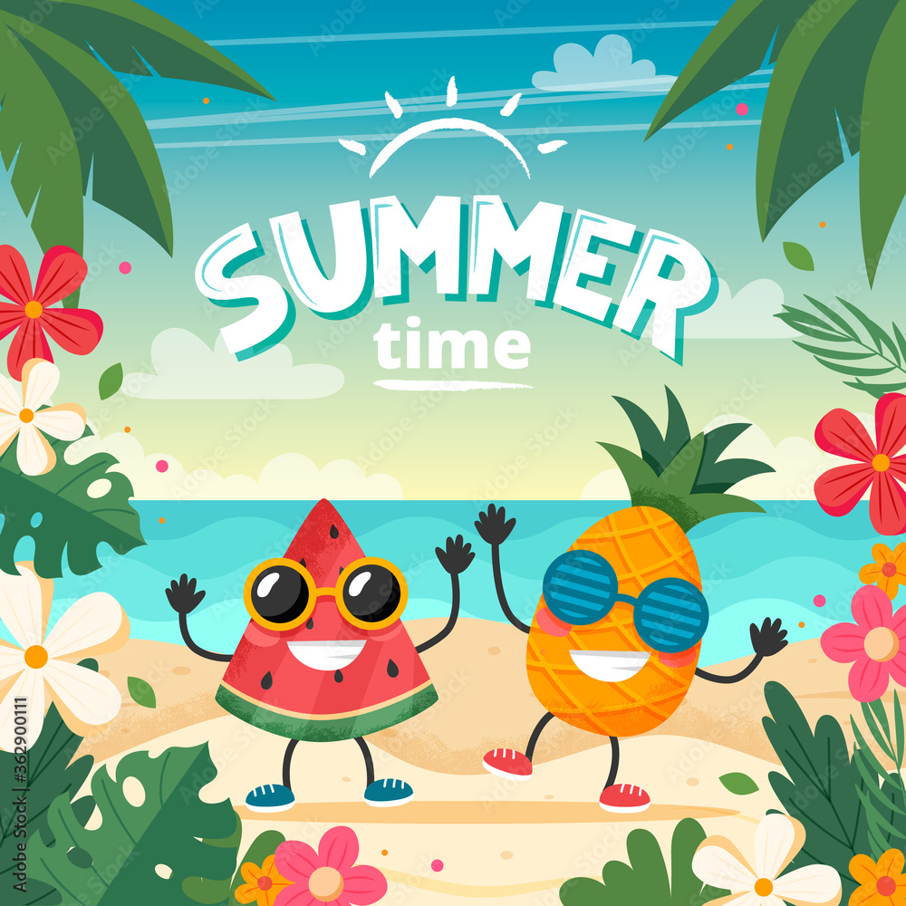 Summer time card with fruits character, beach landscape, lettering and floral frame. Vector illustration in flat style