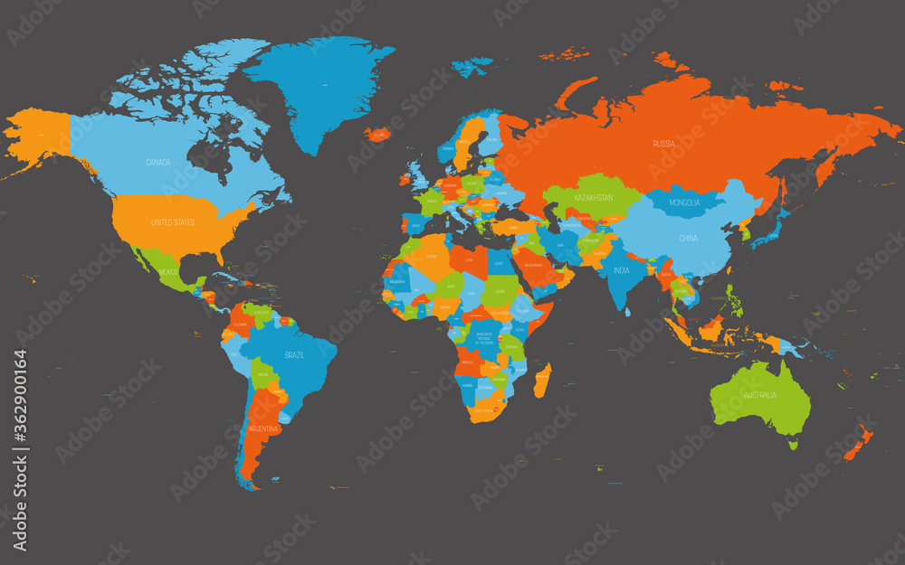 World map. High detailed political map of World with country, ocean and sea names labeling. 5 colors scheme vector map on white background World map. High detailed political map of World with country, ocean and sea names labeling. 5 colors scheme vector map on white background