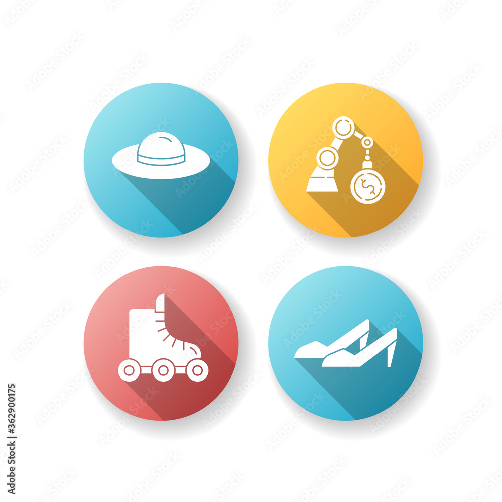Fashion industry flat design long shadow glyph icons set. Woman summer hat. Commercial business. Income from investment. Roller skates. High heels. Silhouette RGB color illustration Fashion industry flat design long shadow glyph icons set. Woman summer hat. Commercial business. Income from investment. Roller skates. High heels. Silhouette RGB color illustration