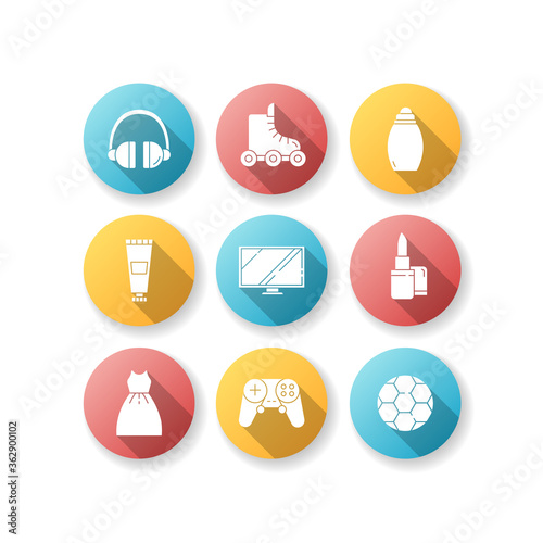 Online shop categories flat design long shadow glyph icons set. Electronic devices. Modern technology. Digital screens. TV monitors. Art and craft. Repair tool. Silhouette RGB color illustration